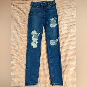 American Eagle Outfitters Women's Dark Blue Ripped Skinny Jeans
